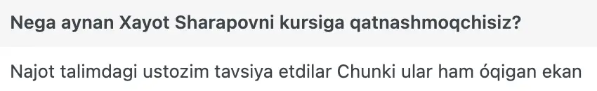 Xayot Sharapov o'quvchisining natijasi