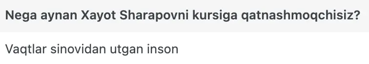 Xayot Sharapov o'quvchisining natijasi
