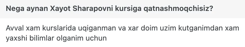 Xayot Sharapov o'quvchisining natijasi
