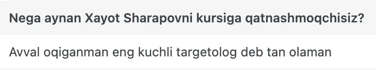 Xayot Sharapov o'quvchisining natijasi