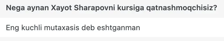 Xayot Sharapov o'quvchisining natijasi