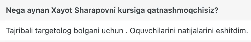 Xayot Sharapov o'quvchisining natijasi