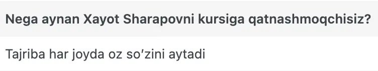 Xayot Sharapov o'quvchisining natijasi