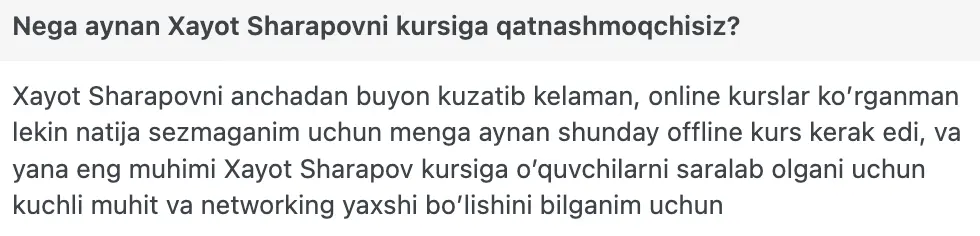 Xayot Sharapov o'quvchisining natijasi